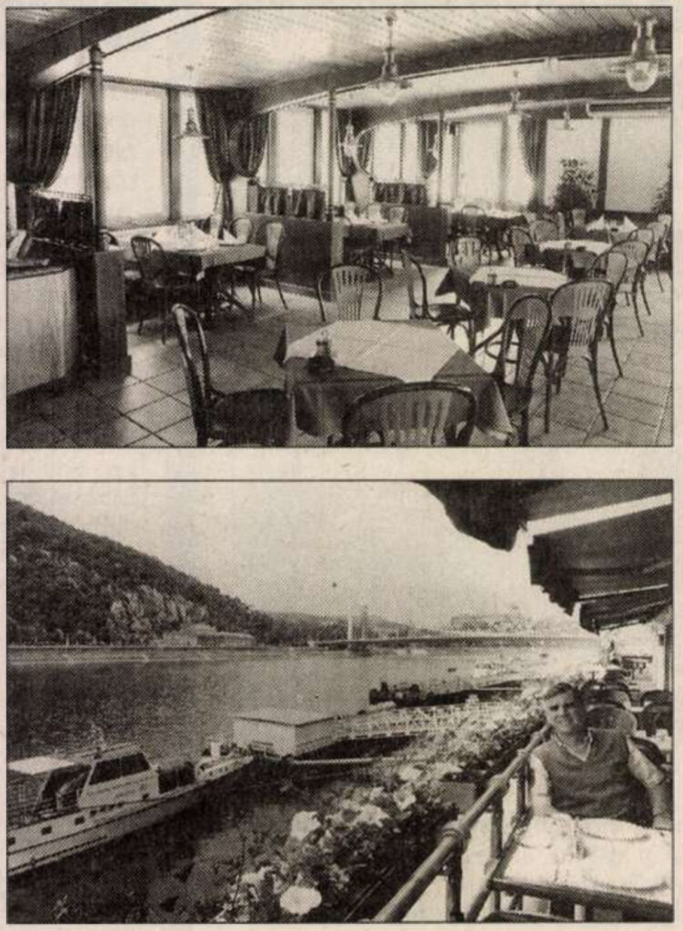 két feket-fehér kép, felsőn egy étterem, alsón egy folyó