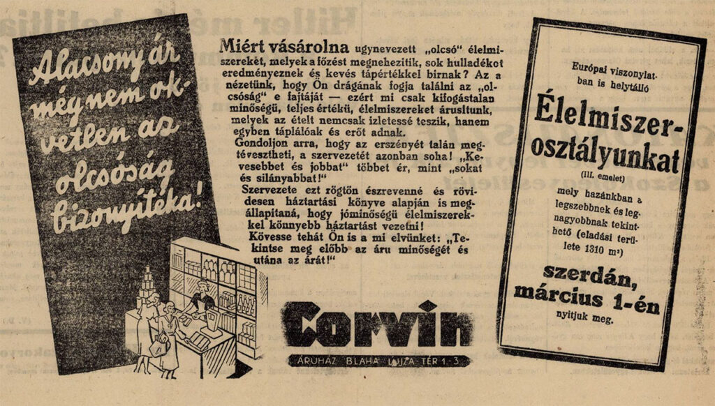 corvin áruház újsághirdetés